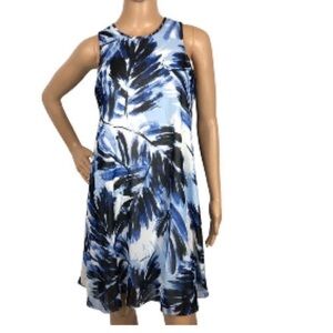 Calvin Klein Sleeveless Blue Palm-Print A-Line Dress
